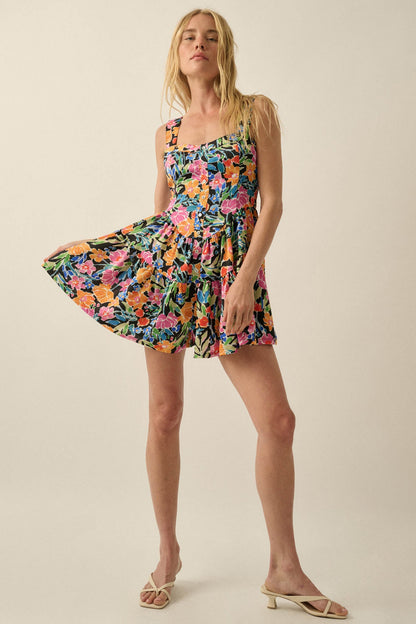 Brilliant Buds Floral Satin Tiered Ruffle Romper
