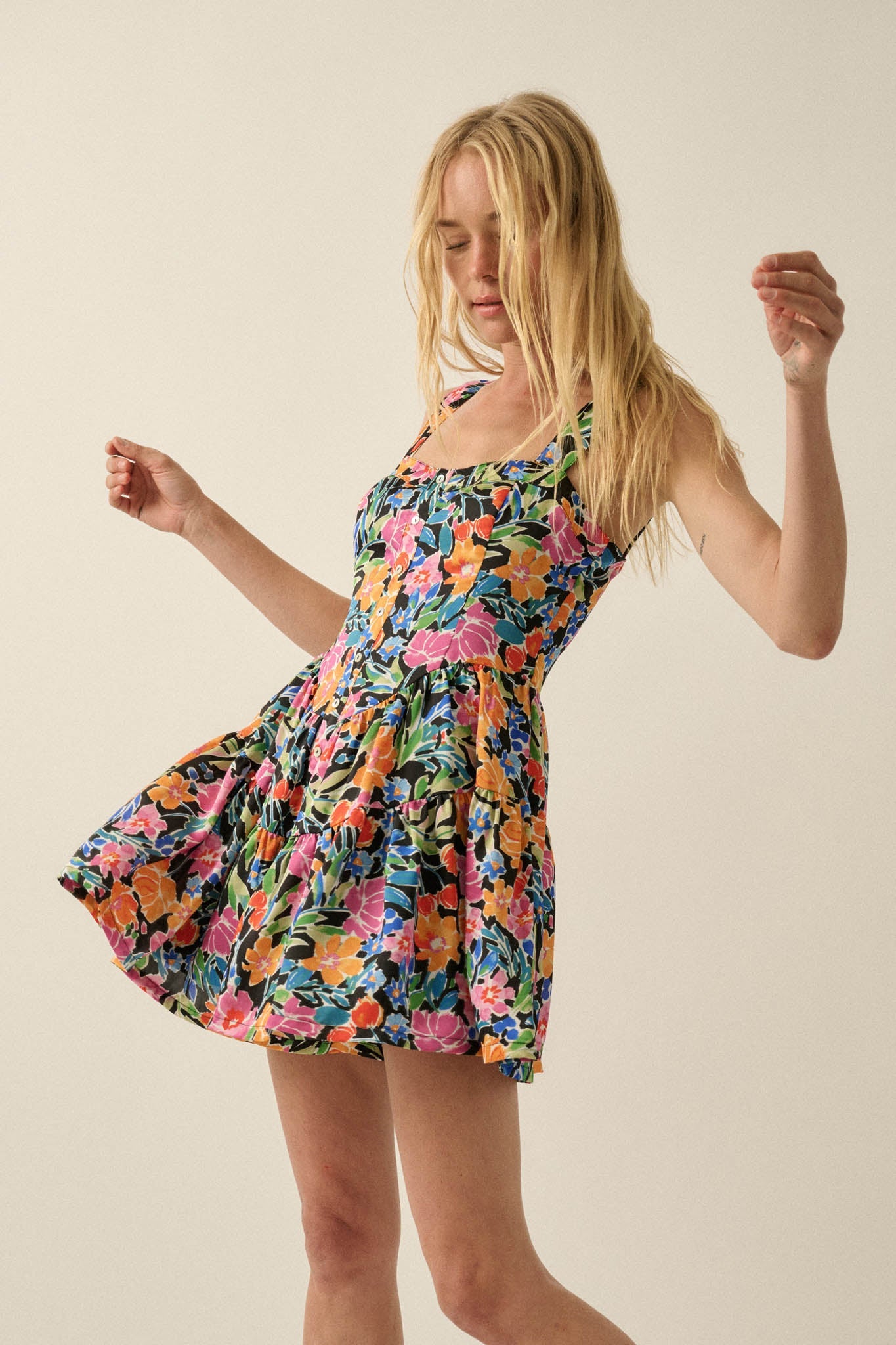 Brilliant Buds Floral Satin Tiered Ruffle Romper
