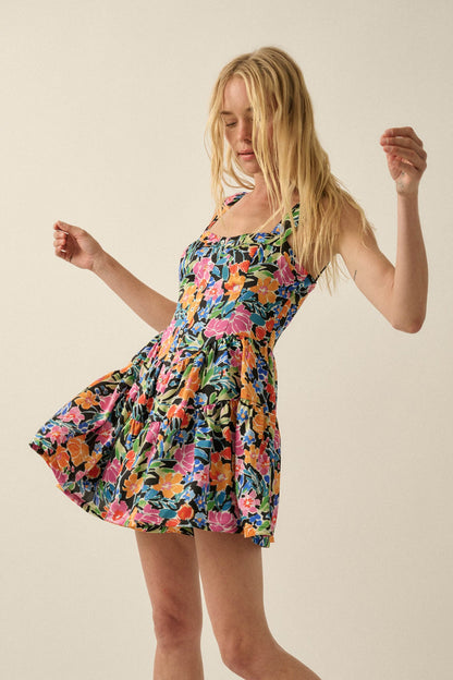 Brilliant Buds Floral Satin Tiered Ruffle Romper