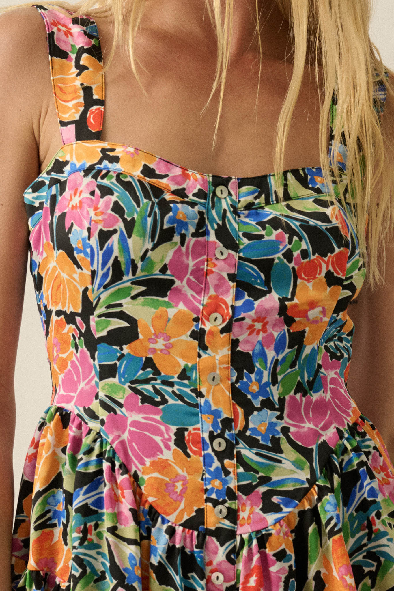 Brilliant Buds Floral Satin Tiered Ruffle Romper
