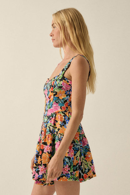 Brilliant Buds Floral Satin Tiered Ruffle Romper