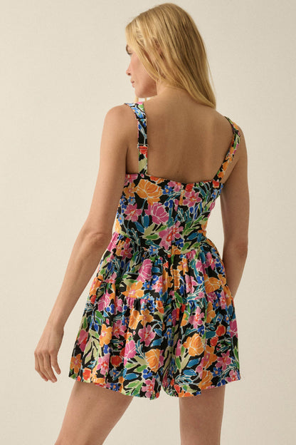 Brilliant Buds Floral Satin Tiered Ruffle Romper