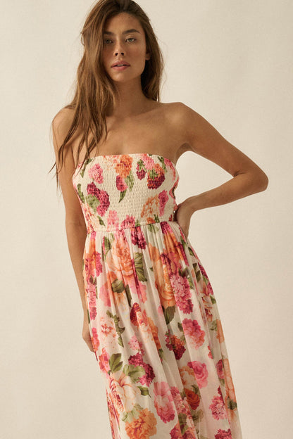 Garden Stroll Floral Mesh Strapless Romper Maxi Dress