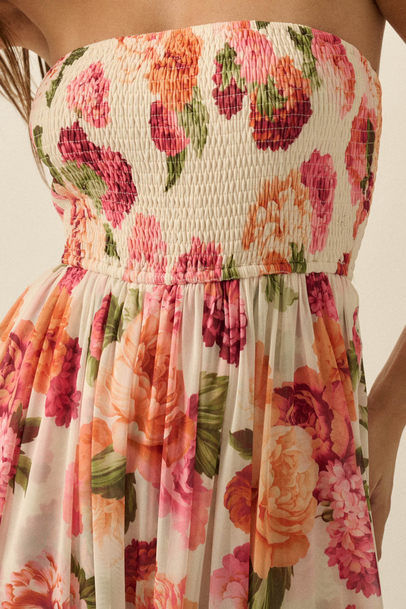 Garden Stroll Floral Mesh Strapless Romper Maxi Dress