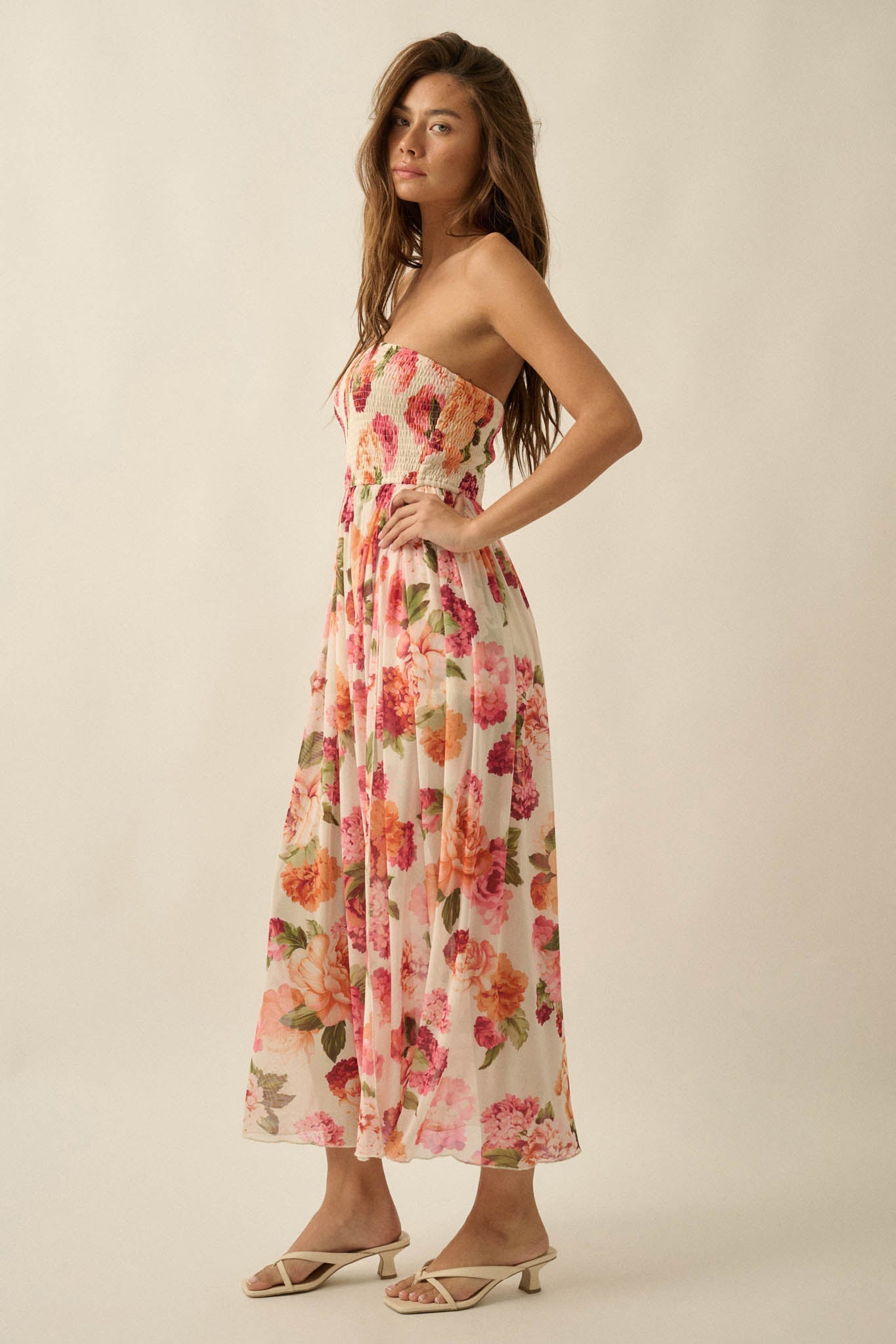 Garden Stroll Floral Mesh Strapless Romper Maxi Dress