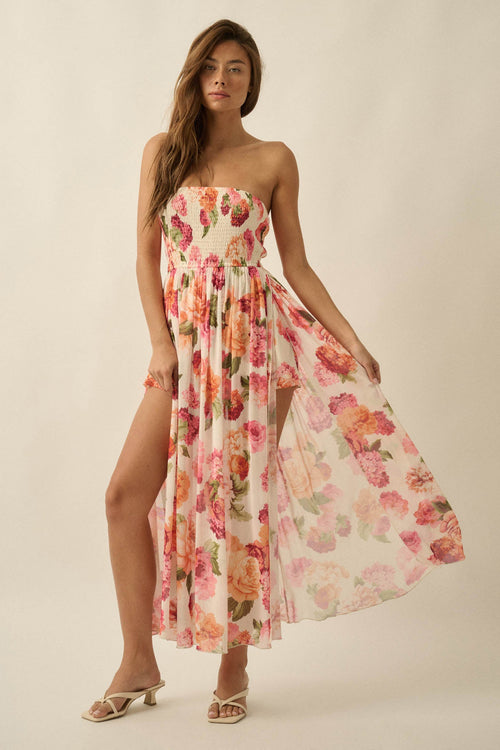 Garden Stroll Floral Mesh Strapless Romper Maxi Dress