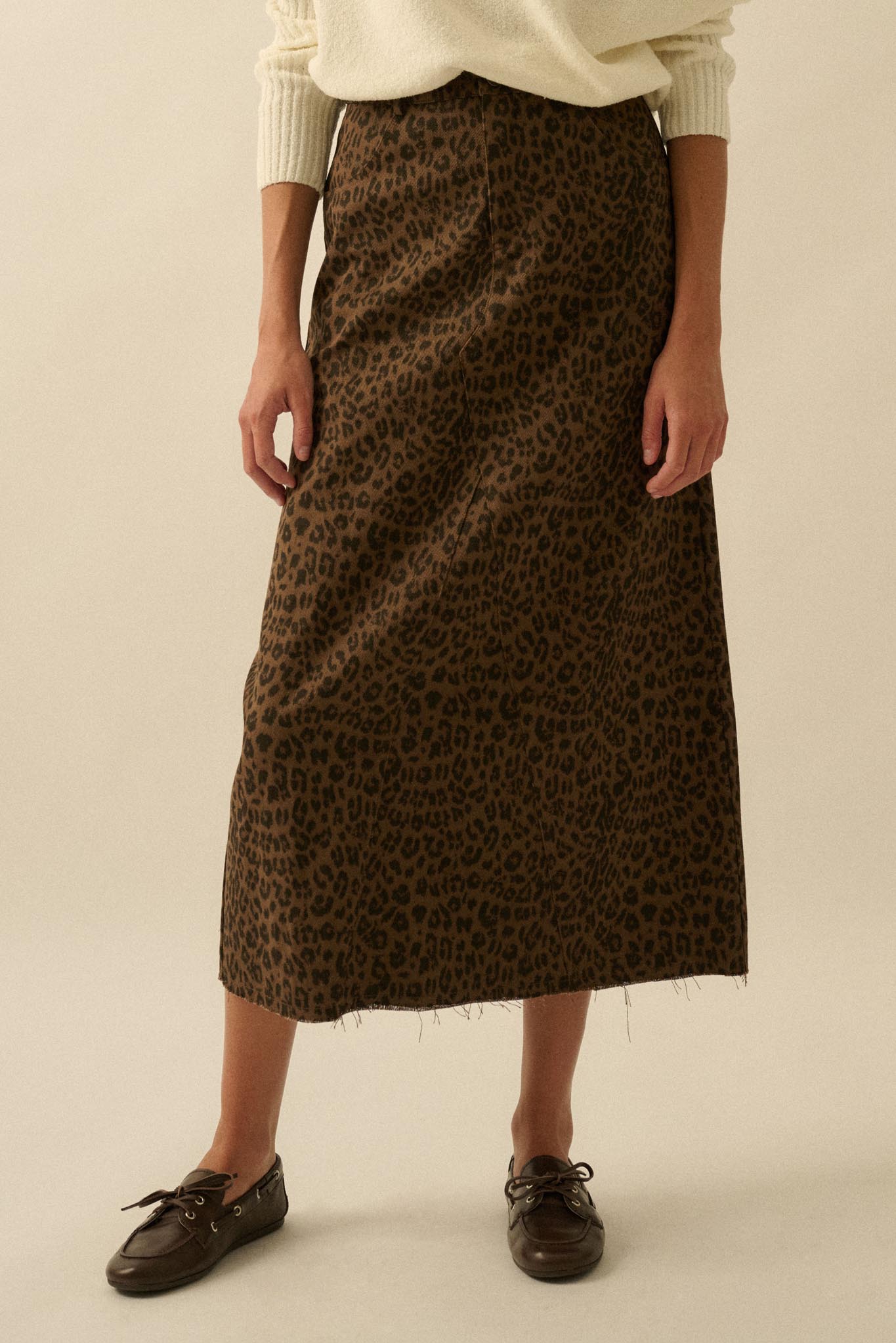 Concrete Jungle Leopard Twill Raw-Edge Midi Skirt