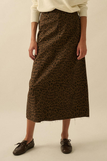 Concrete Jungle Leopard Twill Raw-Edge Midi Skirt