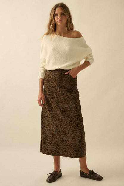 Concrete Jungle Leopard Twill Raw-Edge Midi Skirt