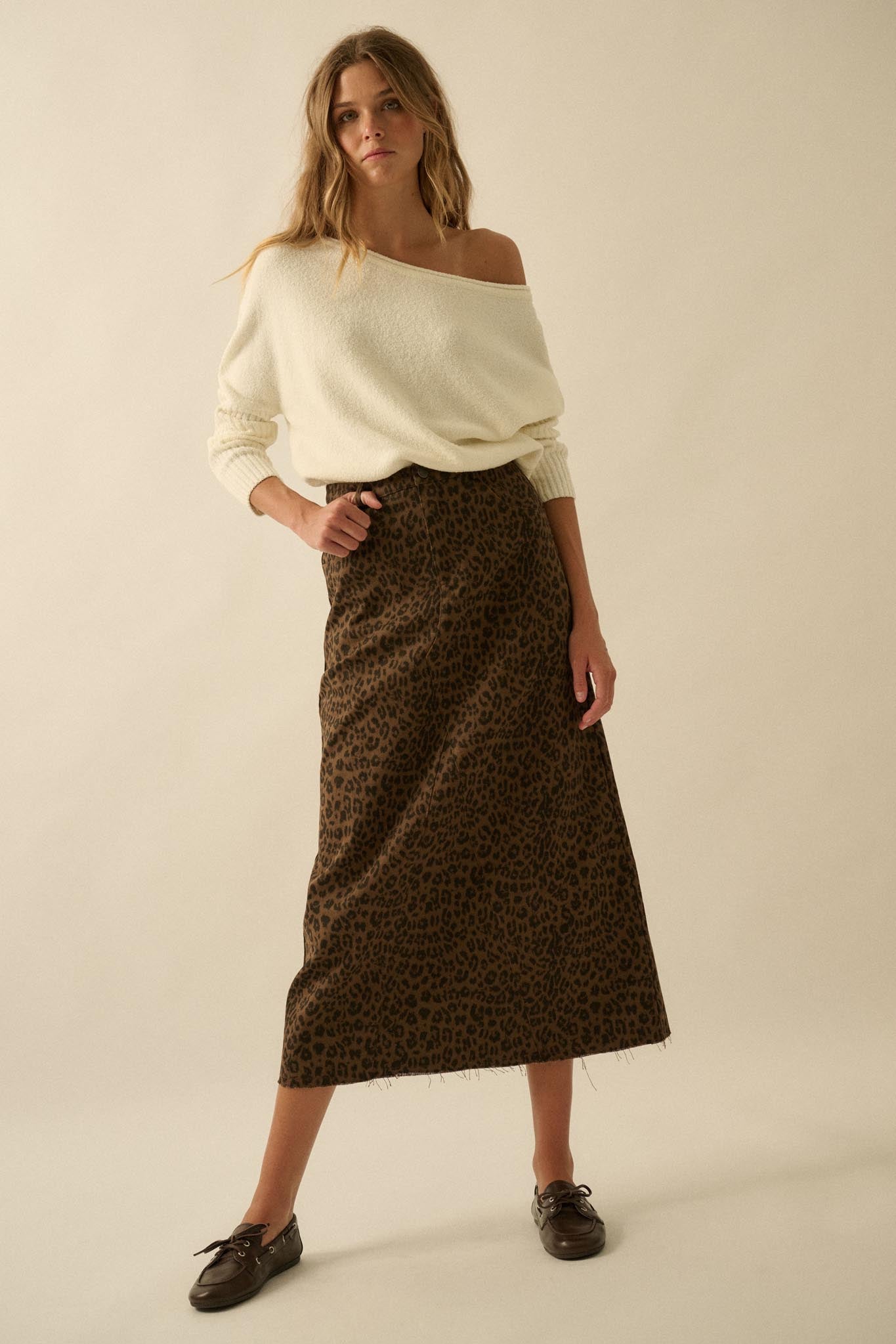 Concrete Jungle Leopard Twill Raw-Edge Midi Skirt