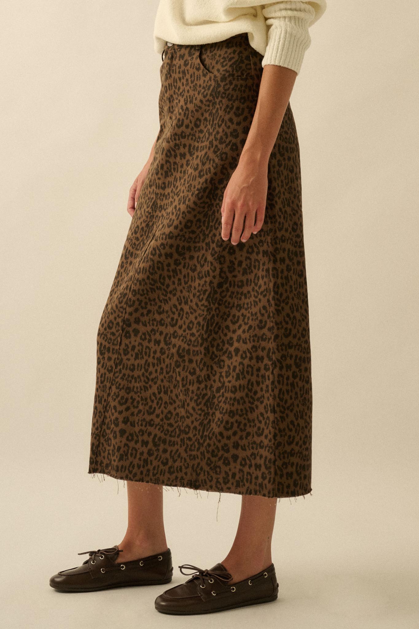 Concrete Jungle Leopard Twill Raw-Edge Midi Skirt