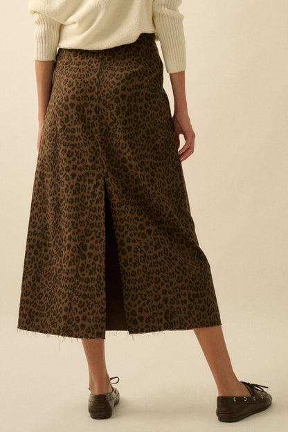 Concrete Jungle Leopard Twill Raw-Edge Midi Skirt