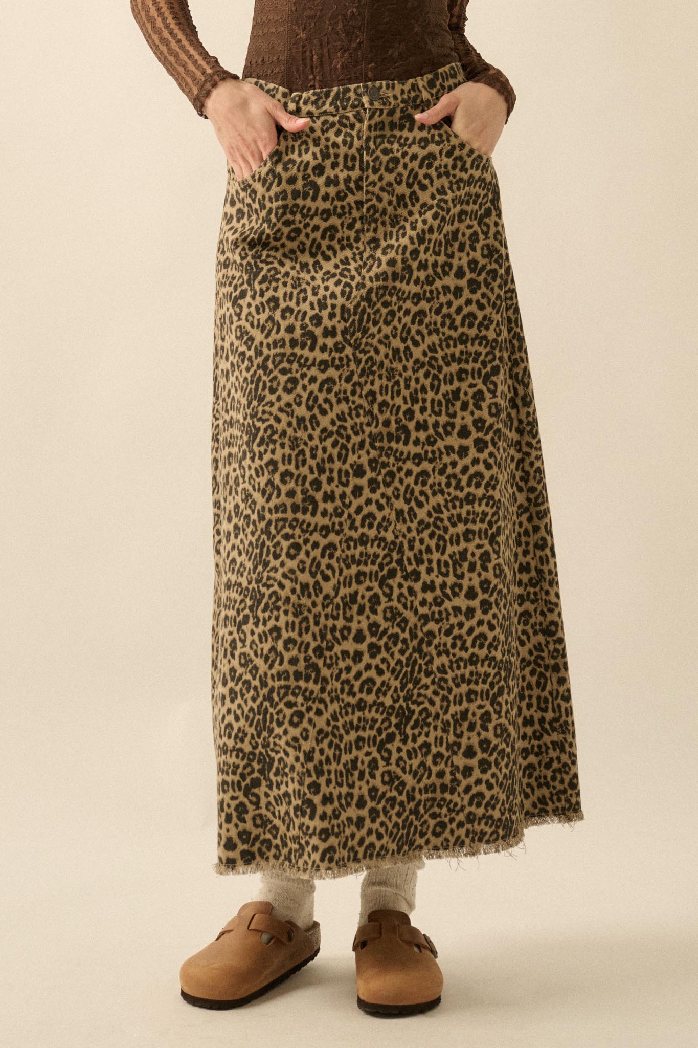 Concrete Jungle Leopard Twill Raw-Edge Midi Skirt