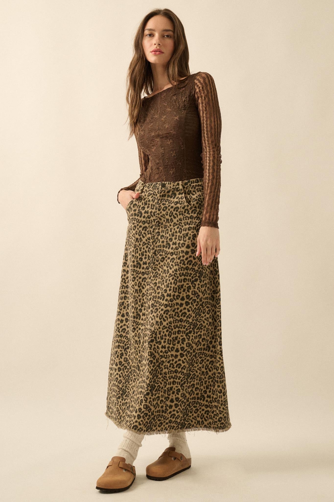 Concrete Jungle Leopard Twill Raw-Edge Midi Skirt