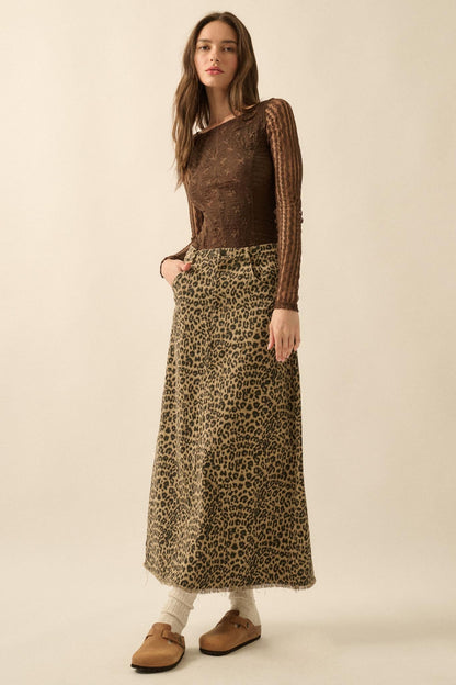 Concrete Jungle Leopard Twill Raw-Edge Midi Skirt