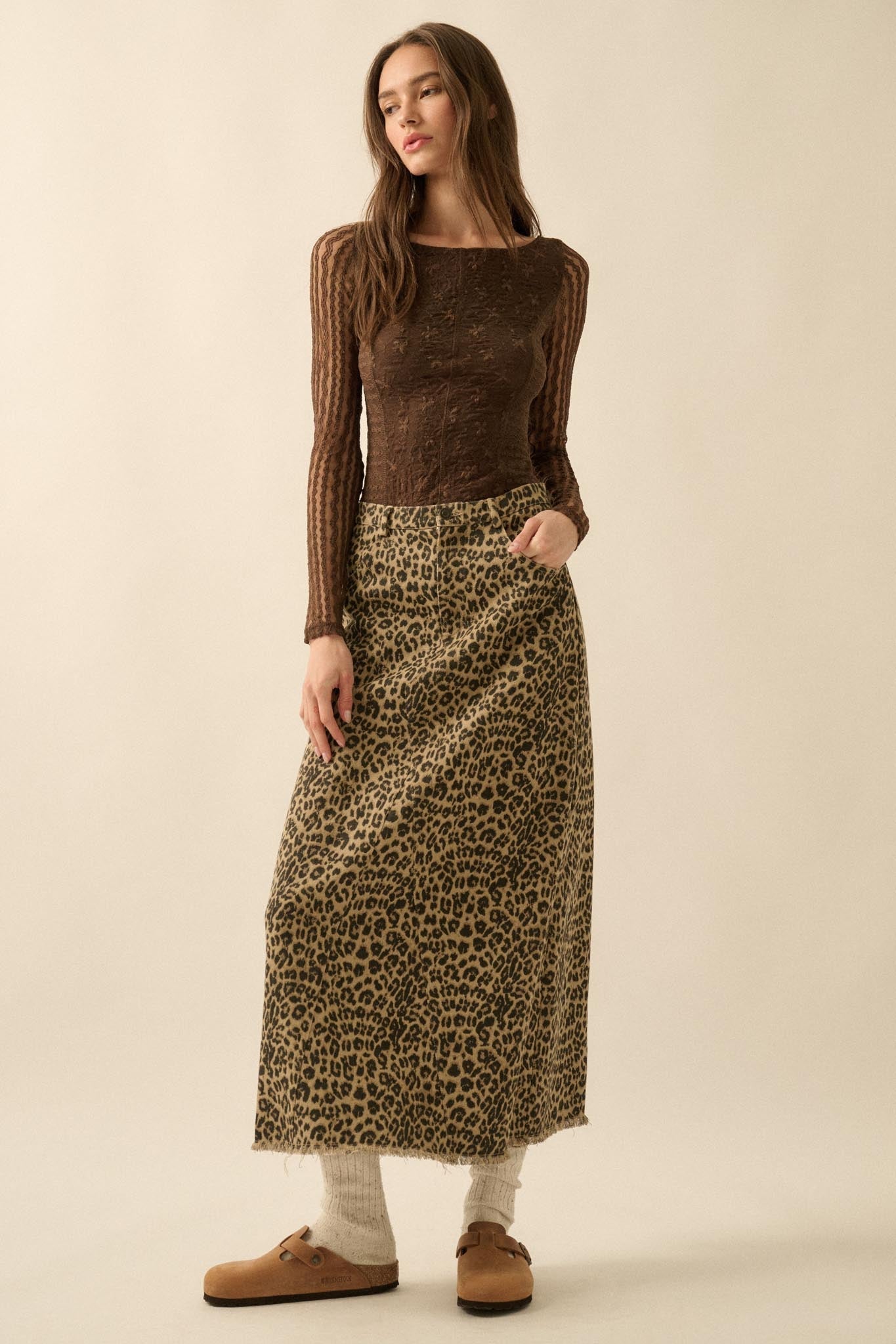 Concrete Jungle Leopard Twill Raw-Edge Midi Skirt