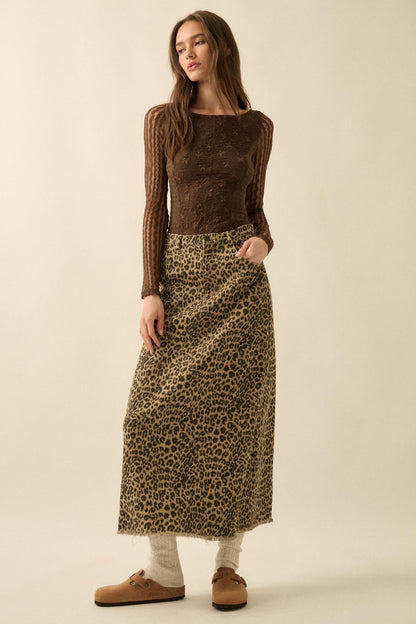 Concrete Jungle Leopard Twill Raw-Edge Midi Skirt