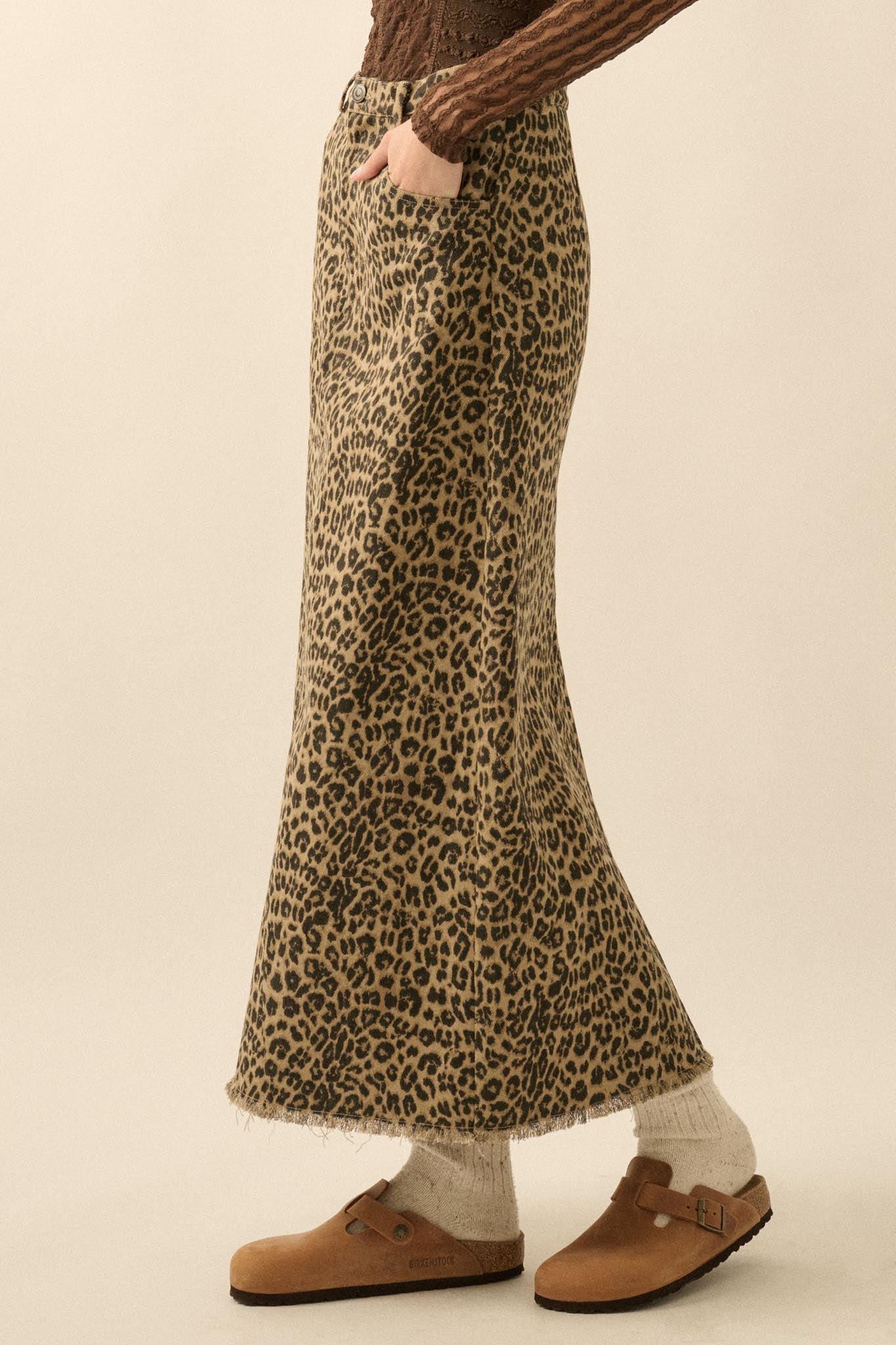 Concrete Jungle Leopard Twill Raw-Edge Midi Skirt
