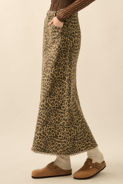 Concrete Jungle Leopard Twill Raw-Edge Midi Skirt