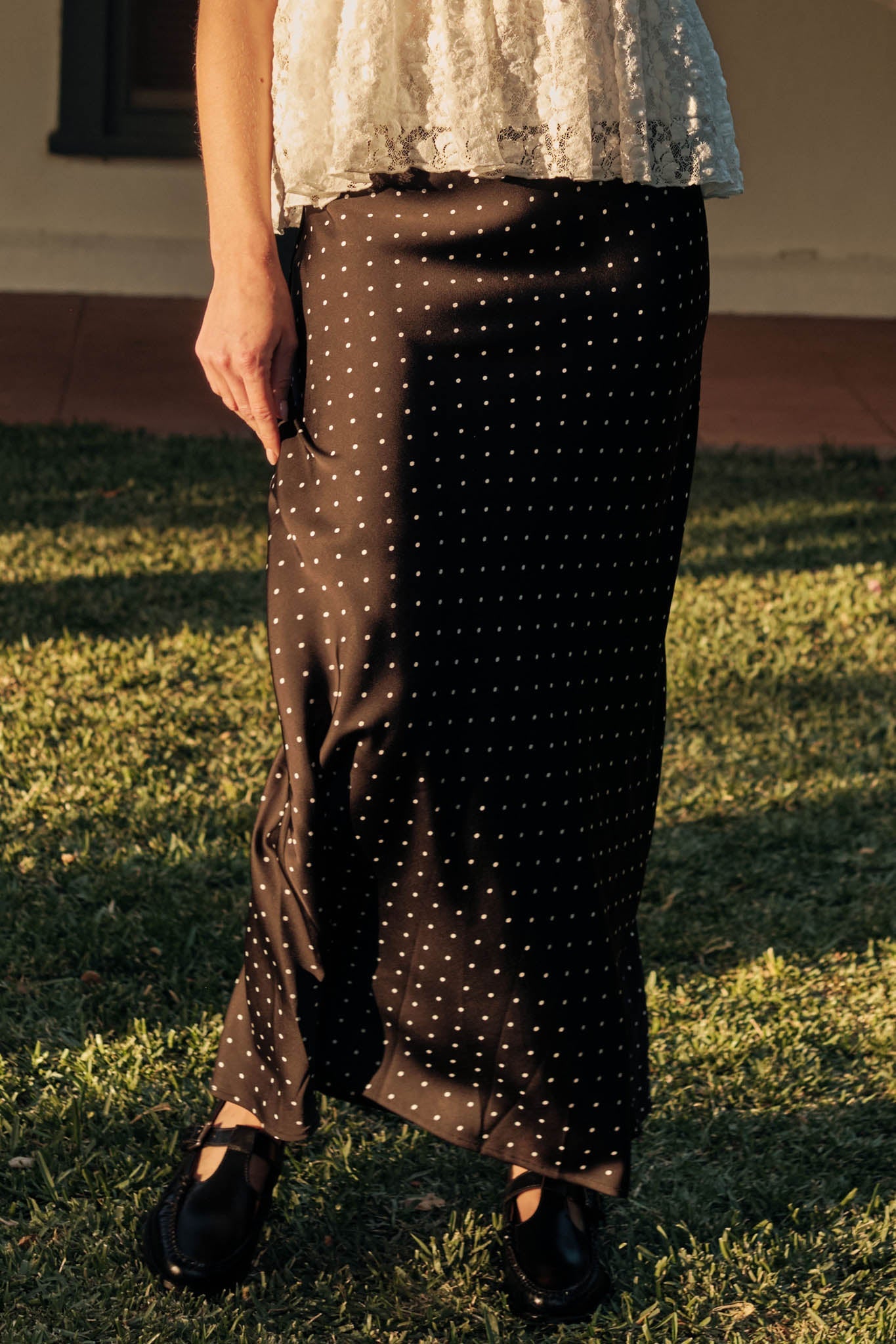Connect the Dots Polka Dot Satin Maxi Skirt