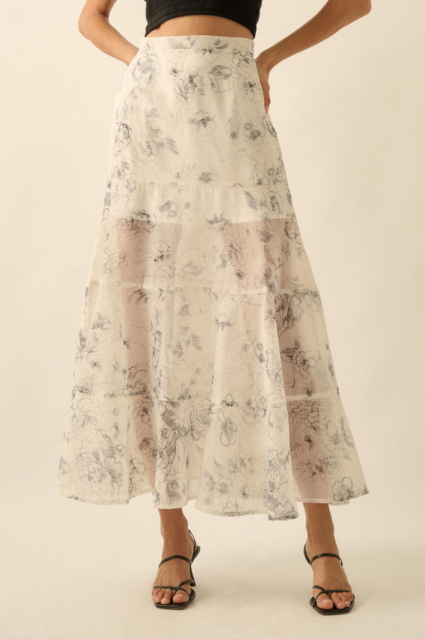 Gossamer Garden Floral Organza Tiered Maxi Skirt