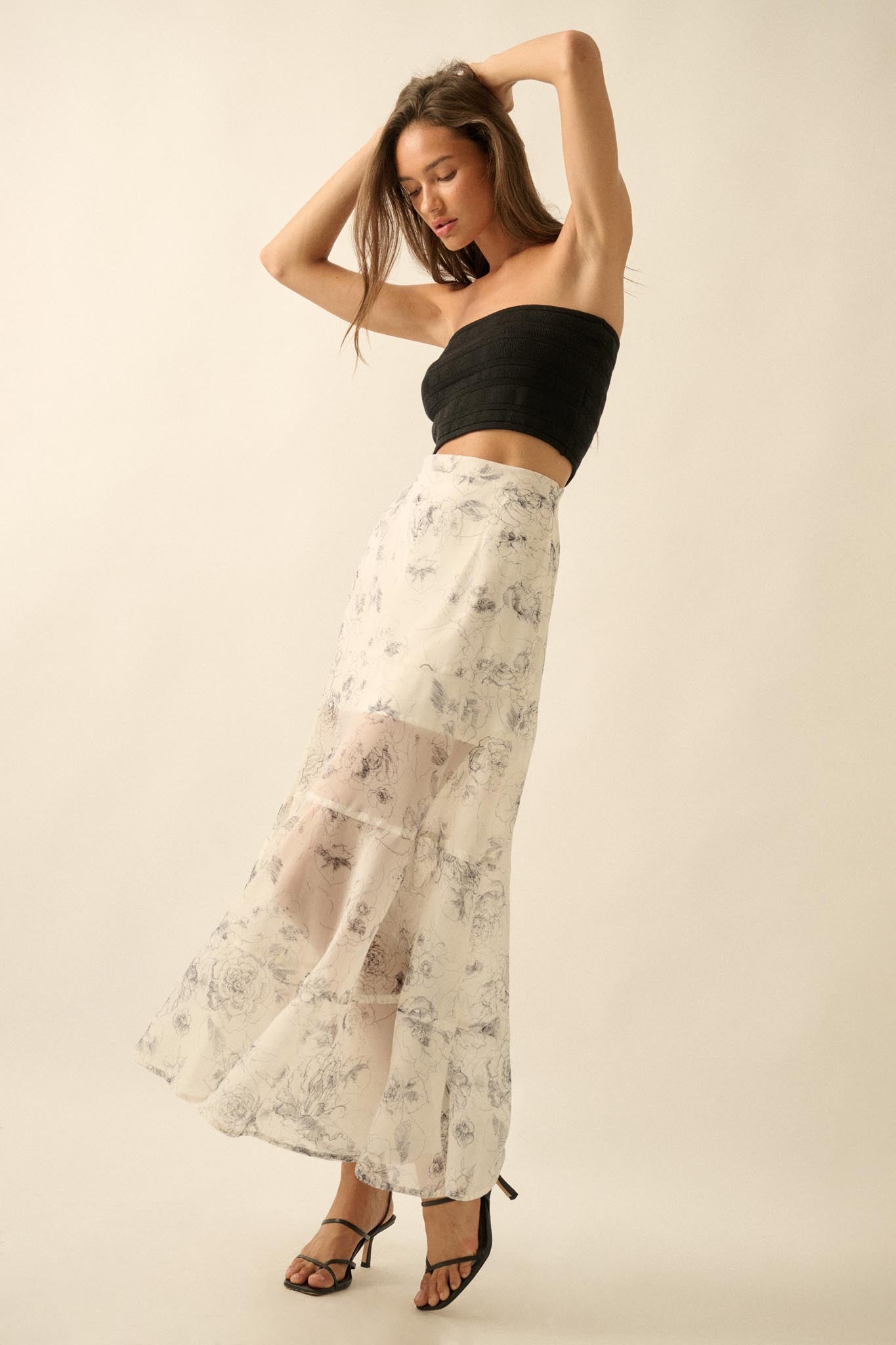 Gossamer Garden Floral Organza Tiered Maxi Skirt