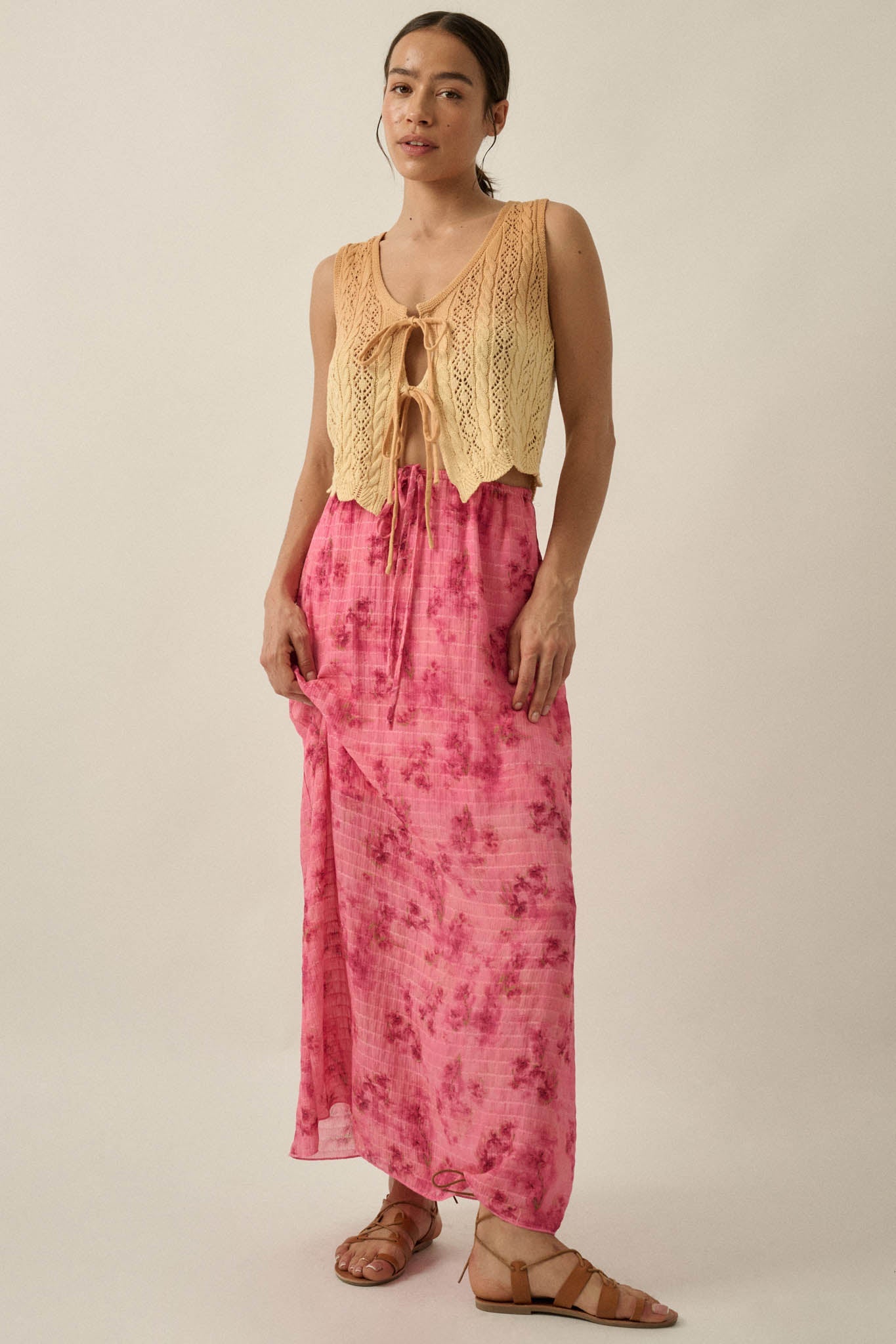 Blooming Meadow Striped Floral Chiffon Maxi Skirt