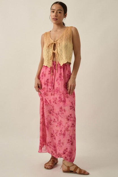 Blooming Meadow Striped Floral Chiffon Maxi Skirt