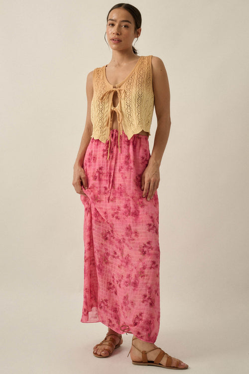 Blooming Meadow Striped Floral Chiffon Maxi Skirt