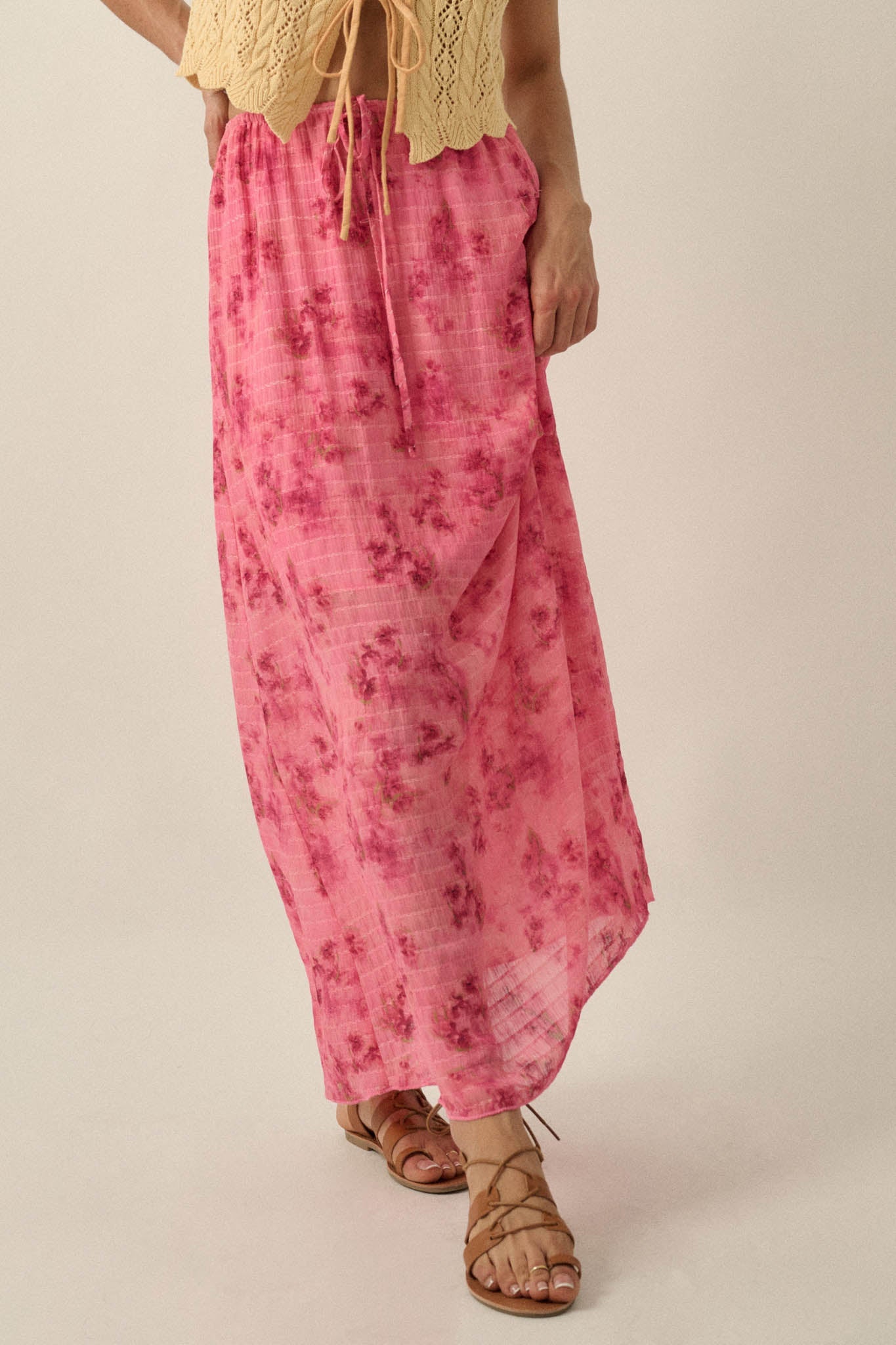 Blooming Meadow Striped Floral Chiffon Maxi Skirt