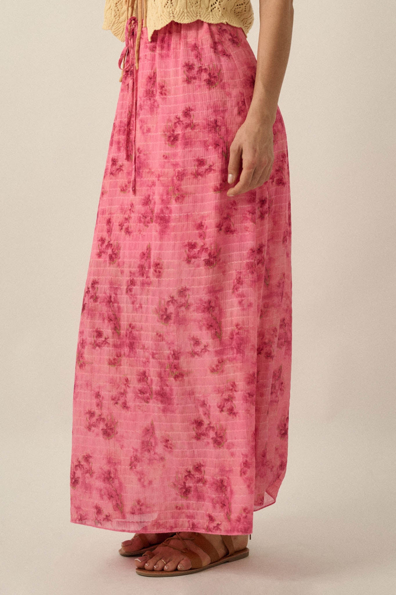 Blooming Meadow Striped Floral Chiffon Maxi Skirt