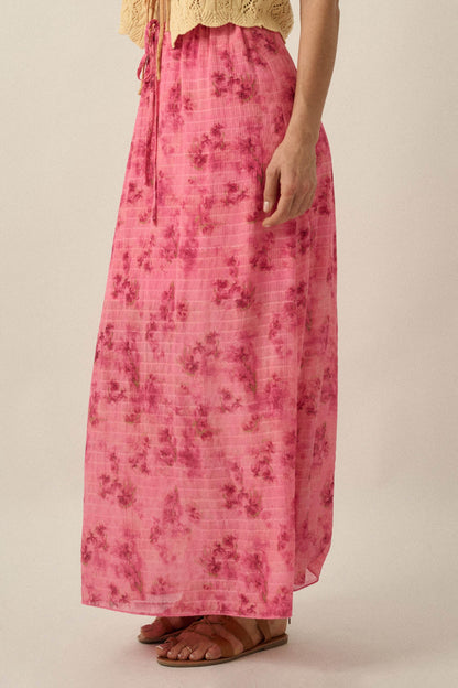 Blooming Meadow Striped Floral Chiffon Maxi Skirt