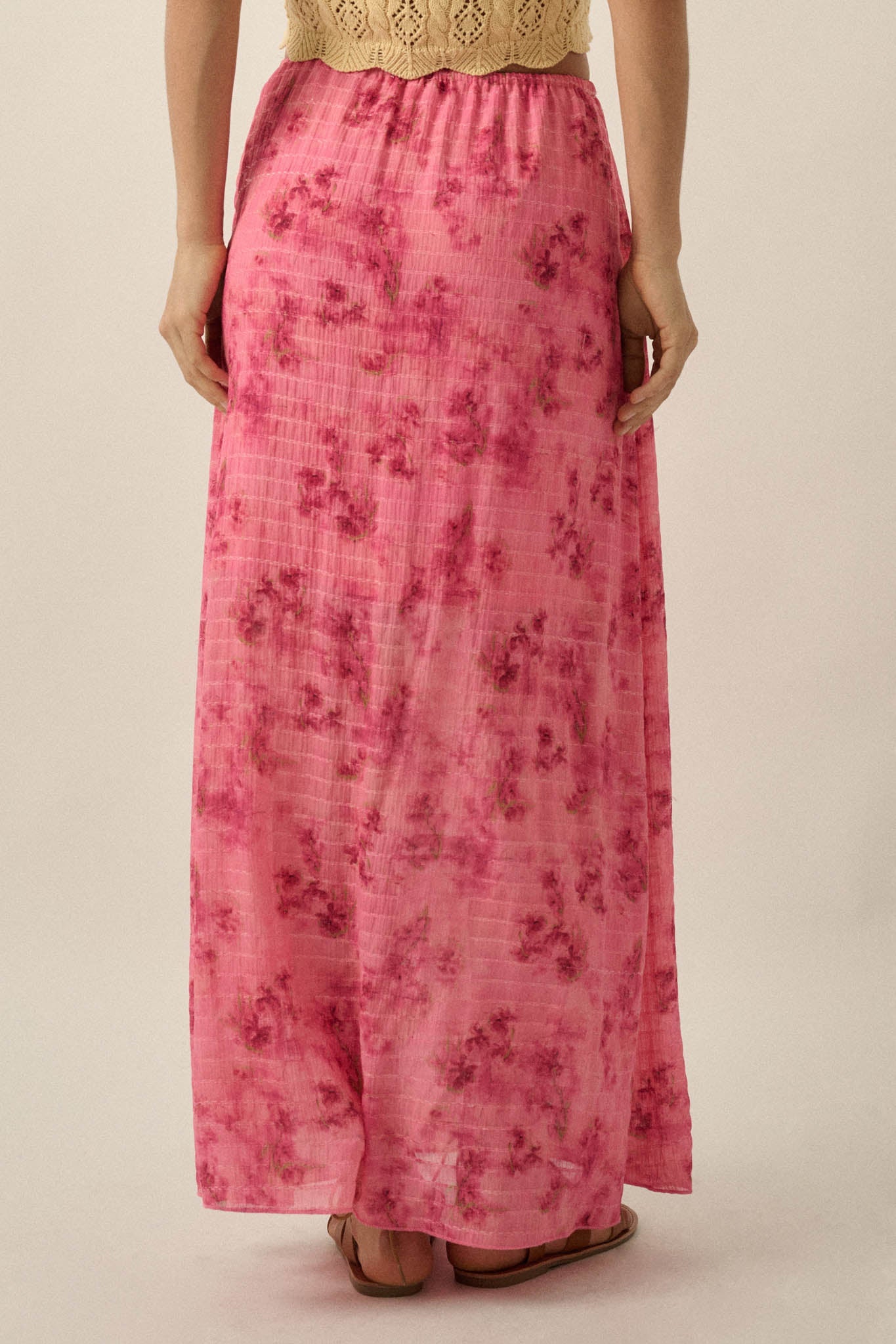 Blooming Meadow Striped Floral Chiffon Maxi Skirt