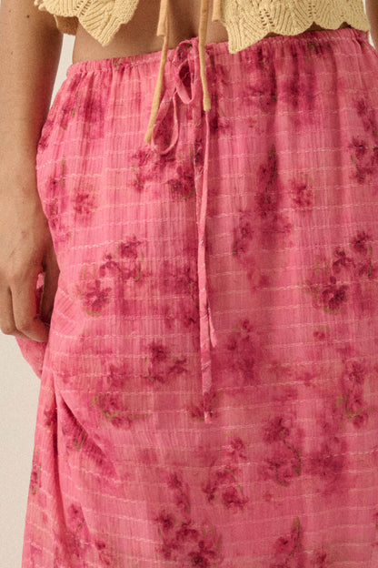 Blooming Meadow Striped Floral Chiffon Maxi Skirt