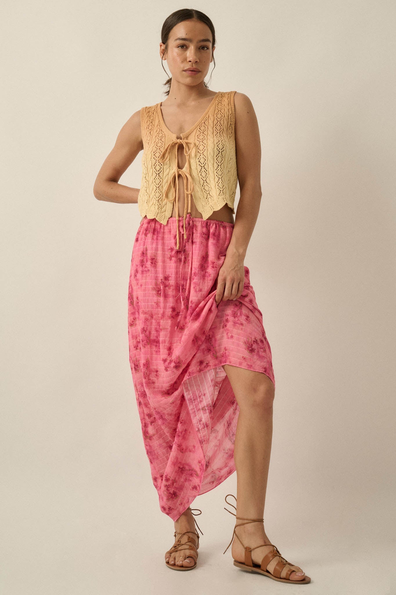 Blooming Meadow Striped Floral Chiffon Maxi Skirt