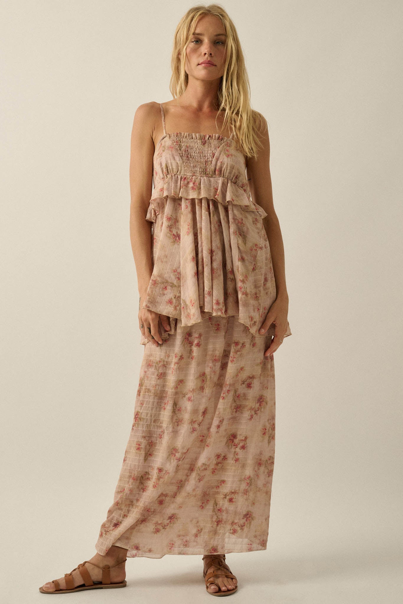 Blooming Meadow Striped Floral Chiffon Maxi Skirt