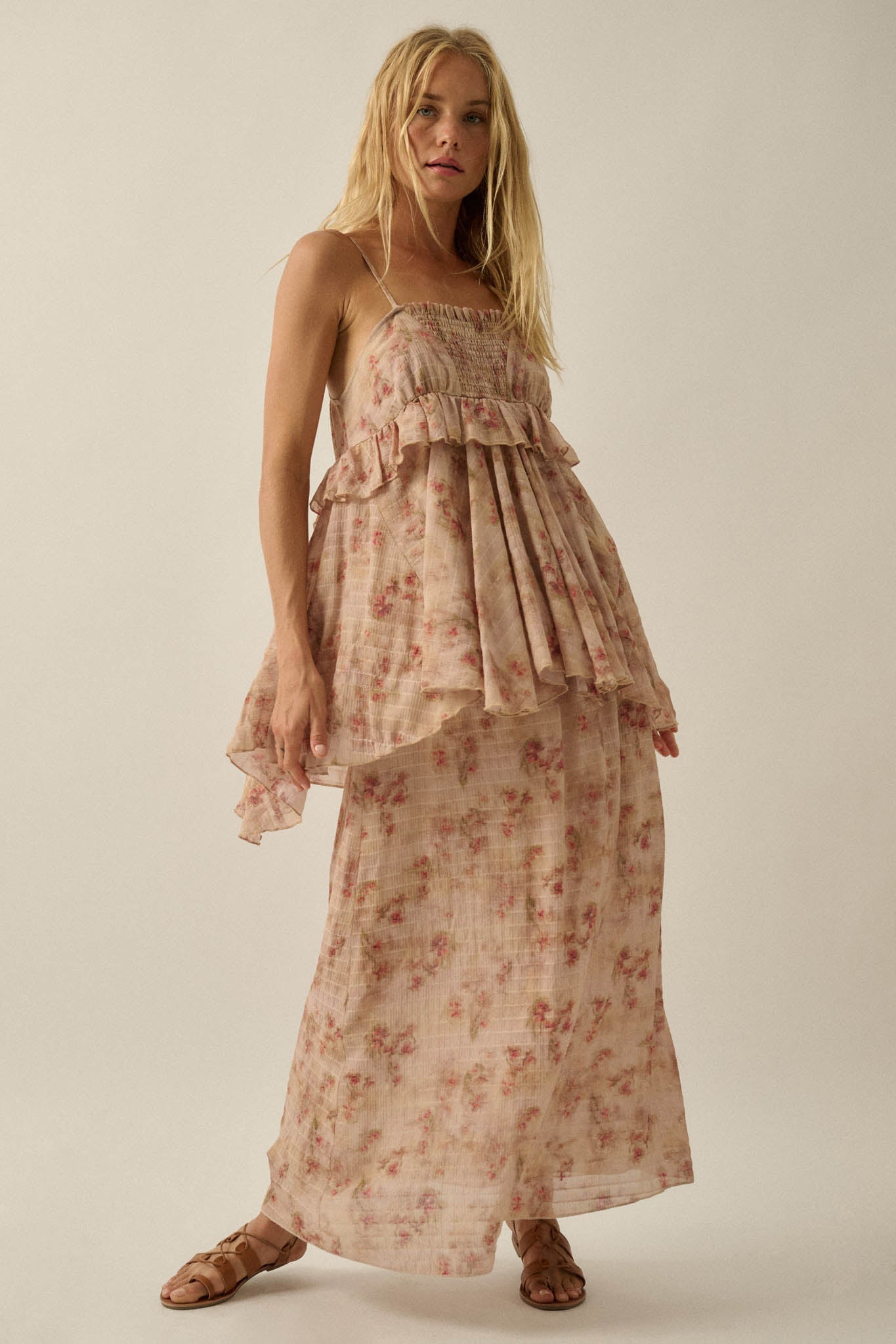 Blooming Meadow Striped Floral Chiffon Maxi Skirt