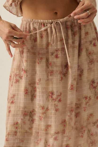 Blooming Meadow Striped Floral Chiffon Maxi Skirt