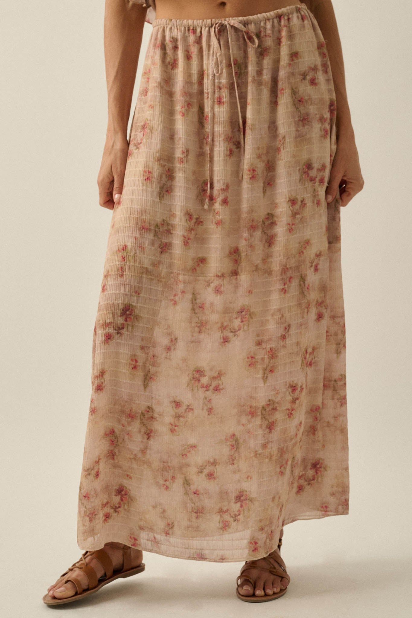 Blooming Meadow Striped Floral Chiffon Maxi Skirt