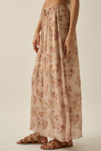 Blooming Meadow Striped Floral Chiffon Maxi Skirt