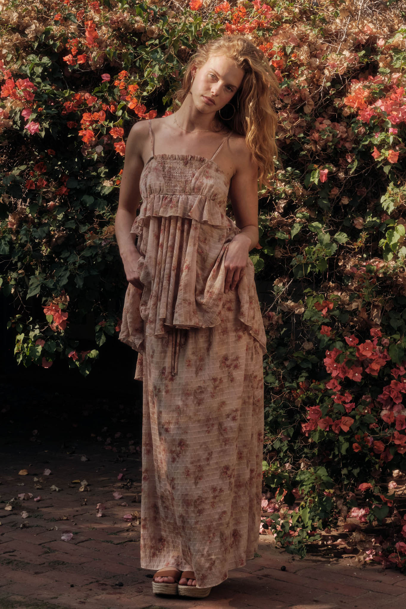 Blooming Meadow Striped Floral Chiffon Maxi Skirt