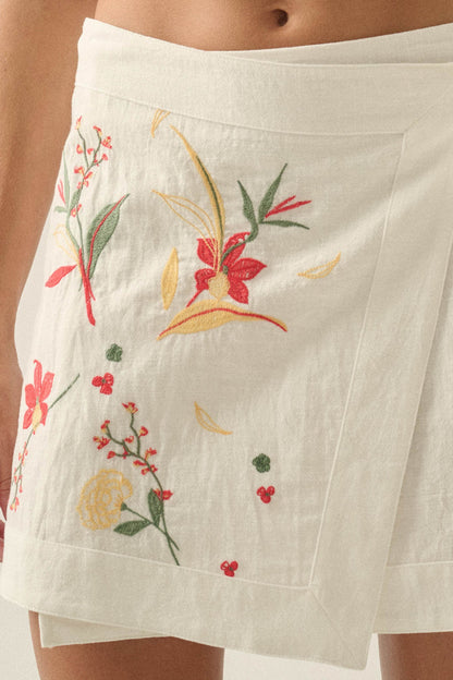 Floral Fantasy Embroidered Cotton Wrap Mini Skirt