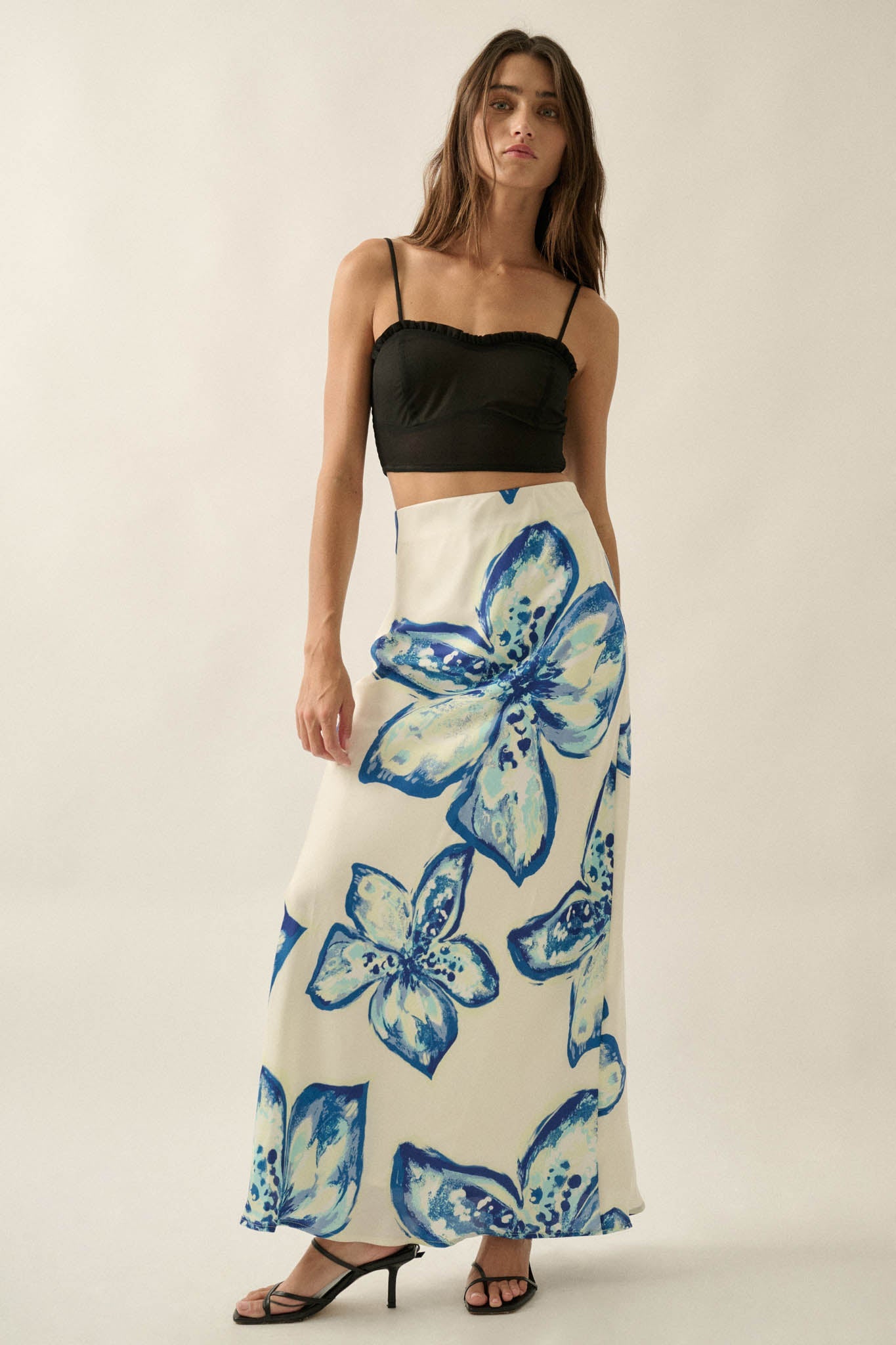 Celestial Blooms Floral Bias-Cut Satin Maxi Skirt
