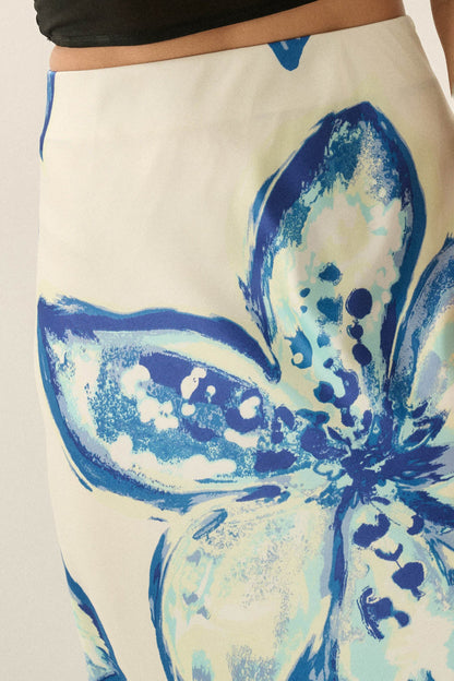 Celestial Blooms Floral Bias-Cut Satin Maxi Skirt