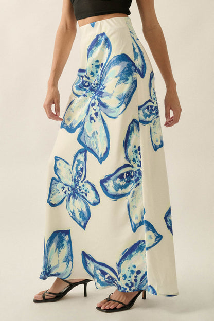 Celestial Blooms Floral Bias-Cut Satin Maxi Skirt