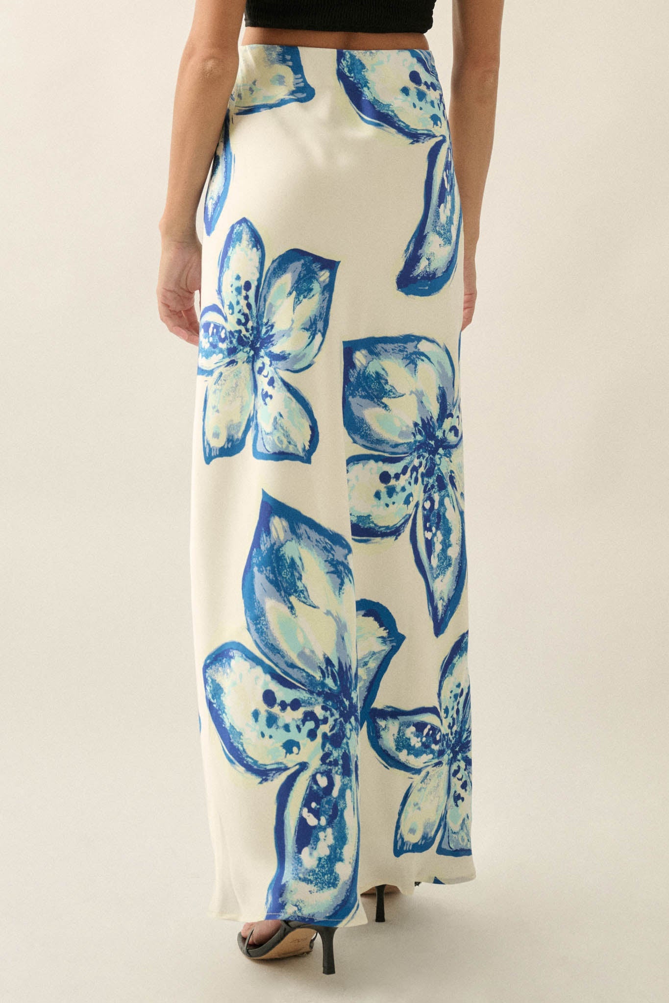 Celestial Blooms Floral Bias-Cut Satin Maxi Skirt