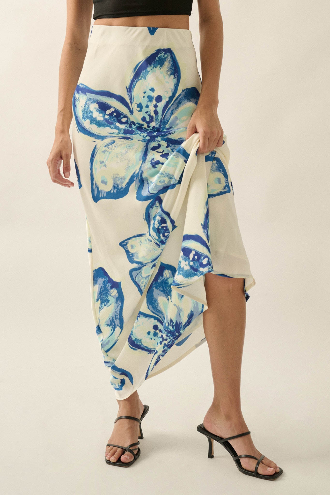 Celestial Blooms Floral Bias-Cut Satin Maxi Skirt