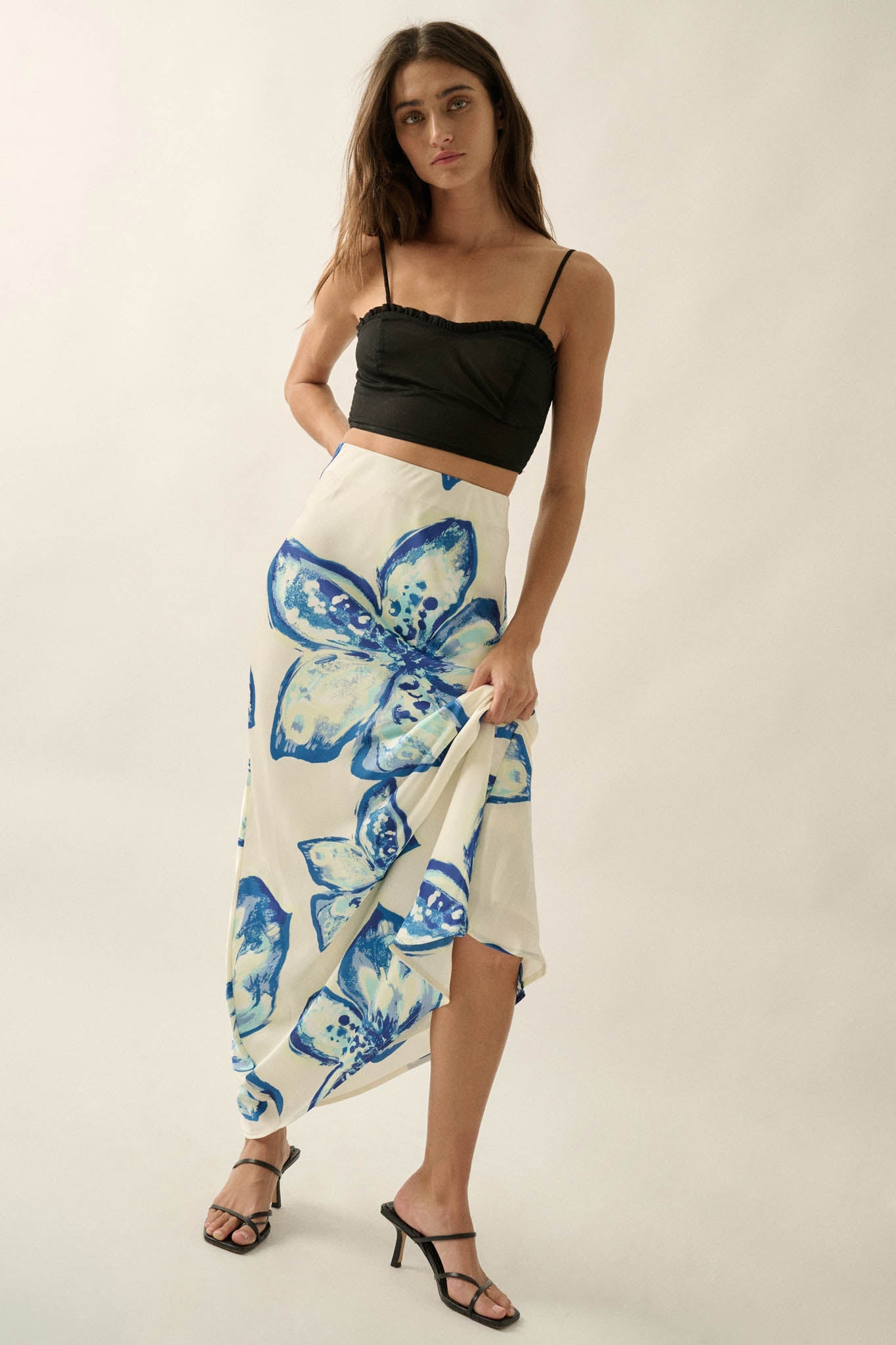 Celestial Blooms Floral Bias-Cut Satin Maxi Skirt