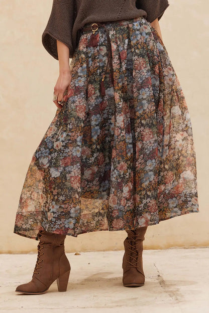 Harvest Garden Floral Organza Circle Midi Skirt
