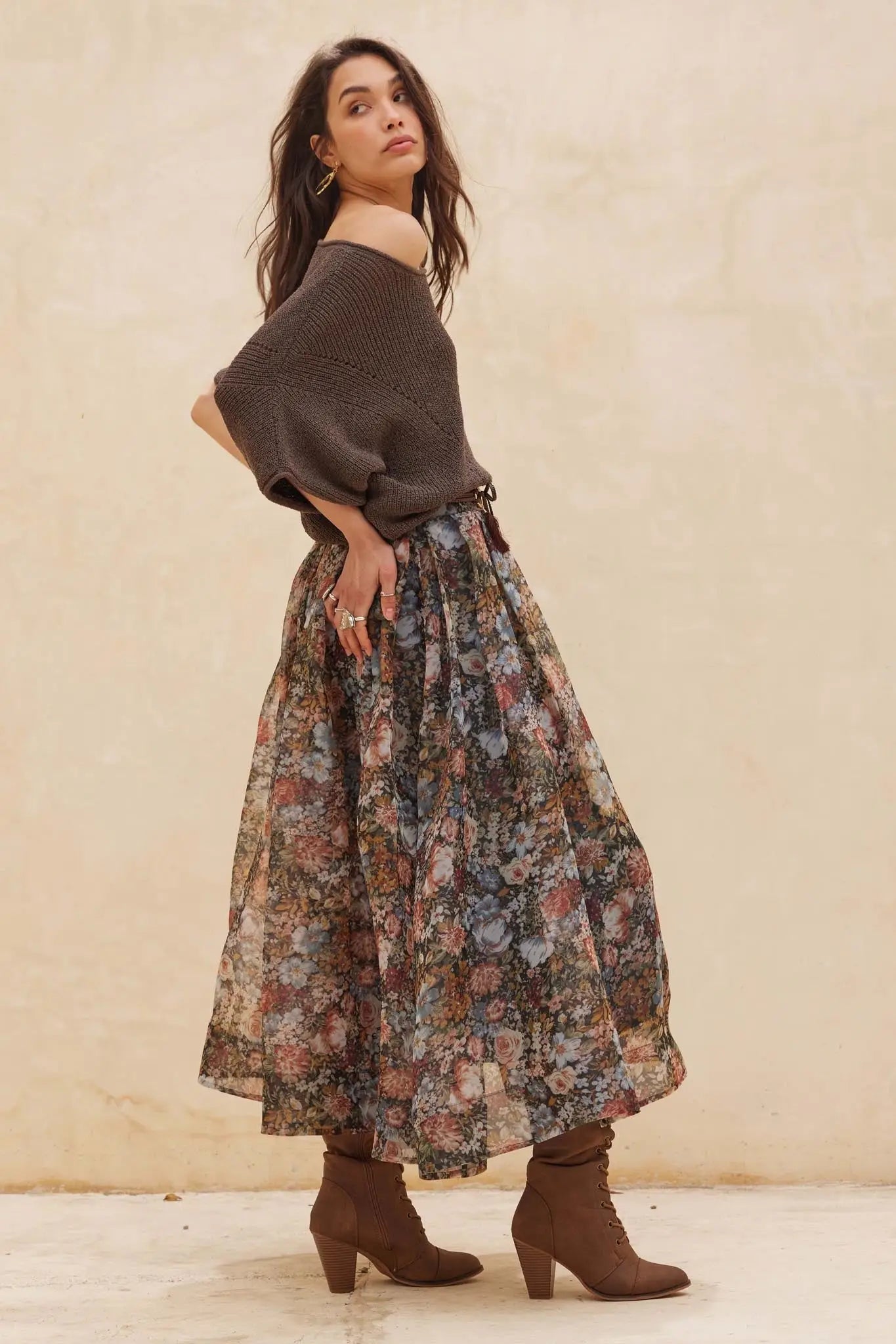 Harvest Garden Floral Organza Circle Midi Skirt